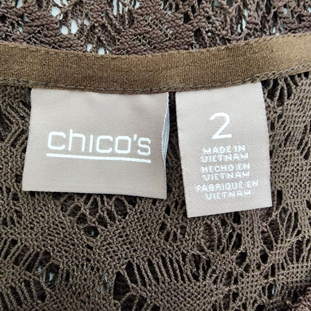 Chico's Womens Top Size 2 Large Brown Crochet Short Cap Sleeve Fringe Trim Sheer - Picture 8 of 11